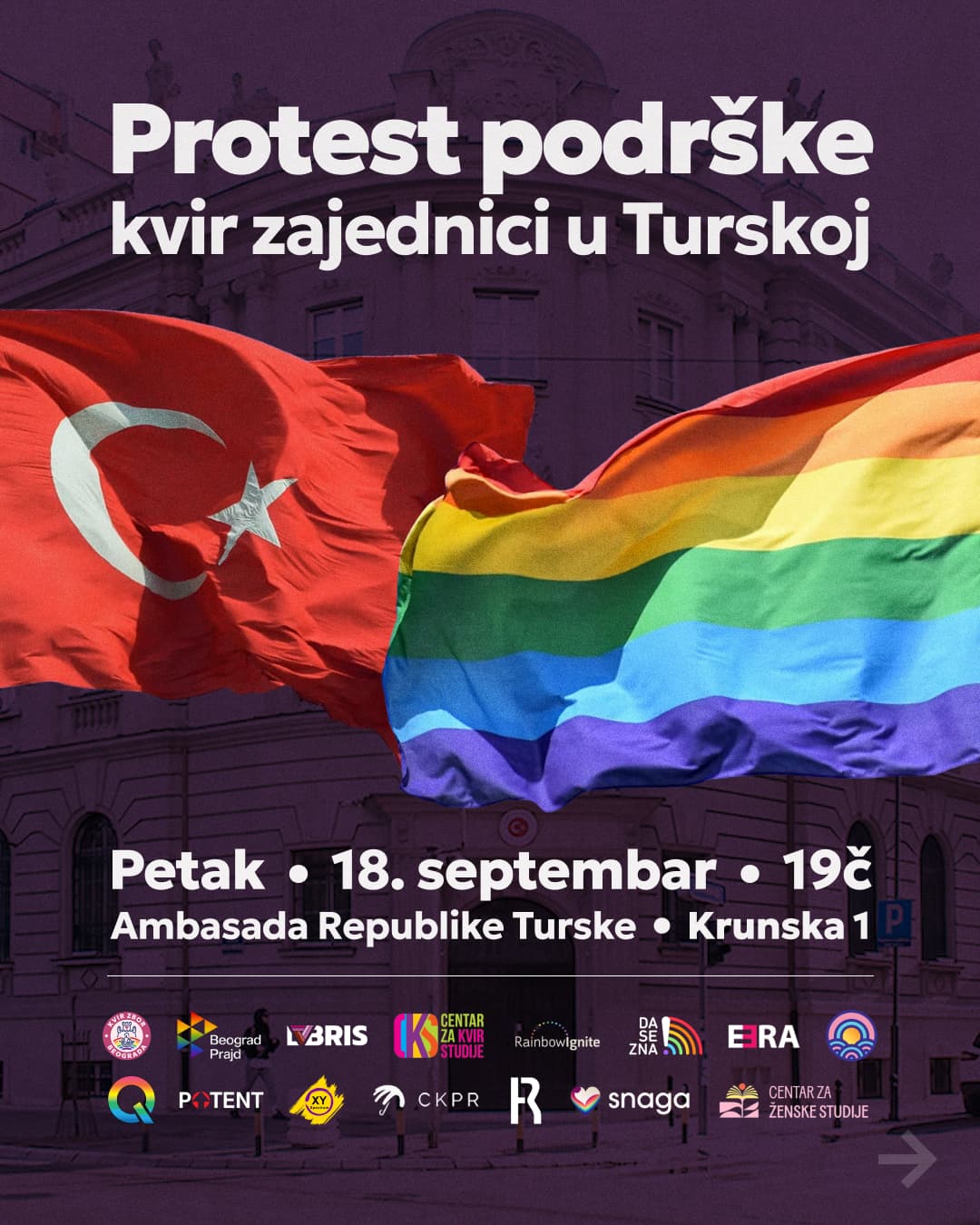 Protest ispred turske ambasade - Solidarnost sa LGBTIQ+ zajednicom u Turskoj